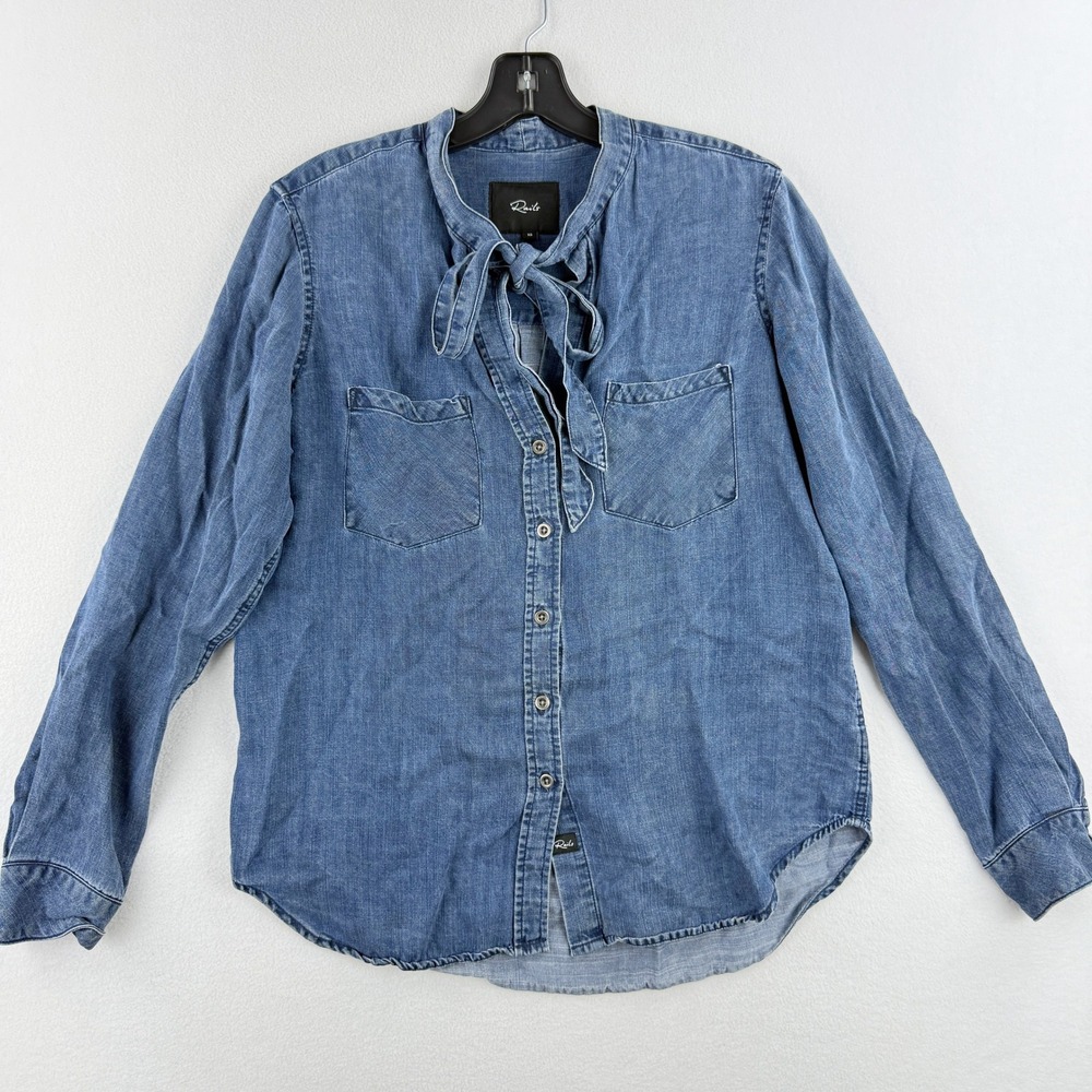 RAILS Rosalee Tie-Neck Chambray‎ Long Sleeve Denim Shirt Size XS Womens
